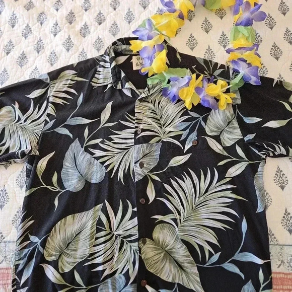 Panttana Mens Hawaiian Shirt Medium Cotton Button Up Floral Black Island Palm - Picture 4 of 10